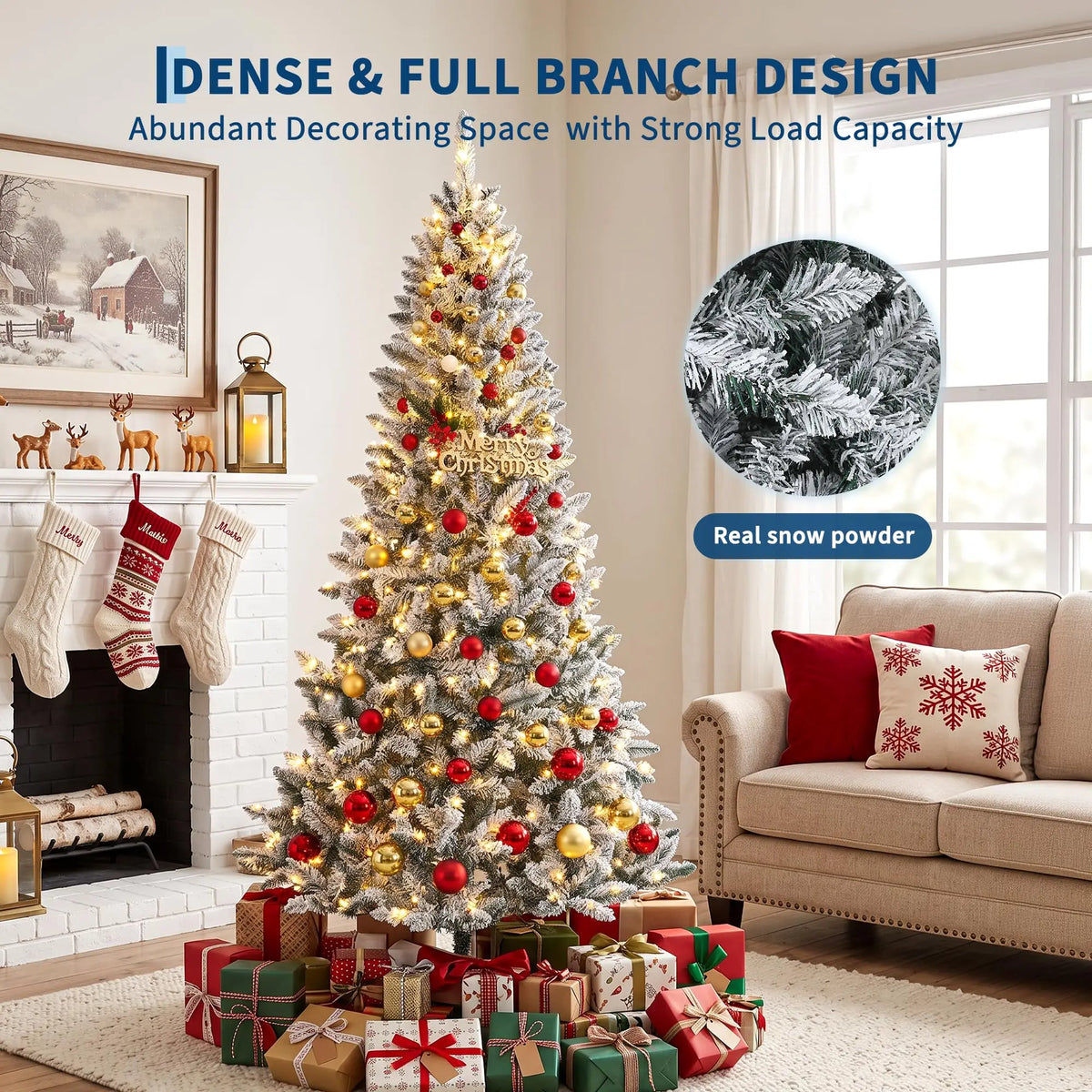 6Ft/7.5Ft Pre-Lit Flocked Christmas Tree, 200/400 Warm White Lights, 508/900 Tips, Snowy Artificial Tree With Metal Stand