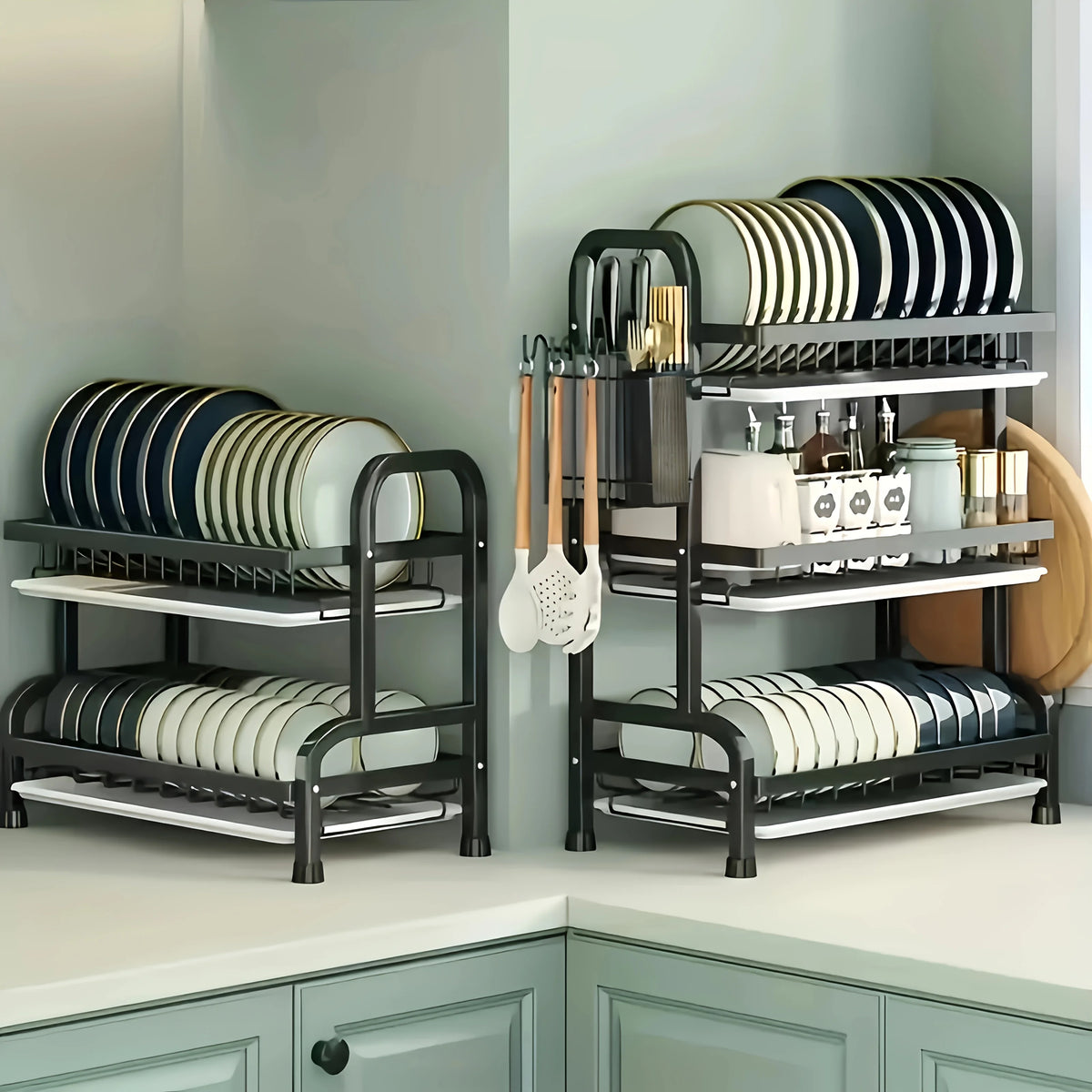 2-3 Tier Steel Dish Drying Rack with Drainage System – Kitchen Storage Organizer for Plates & Utensils