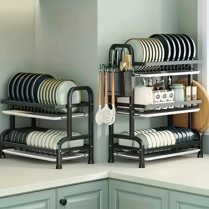 2-3 Tier Steel Dish Drying Rack with Drainage System – Kitchen Storage Organizer for Plates & Utensils