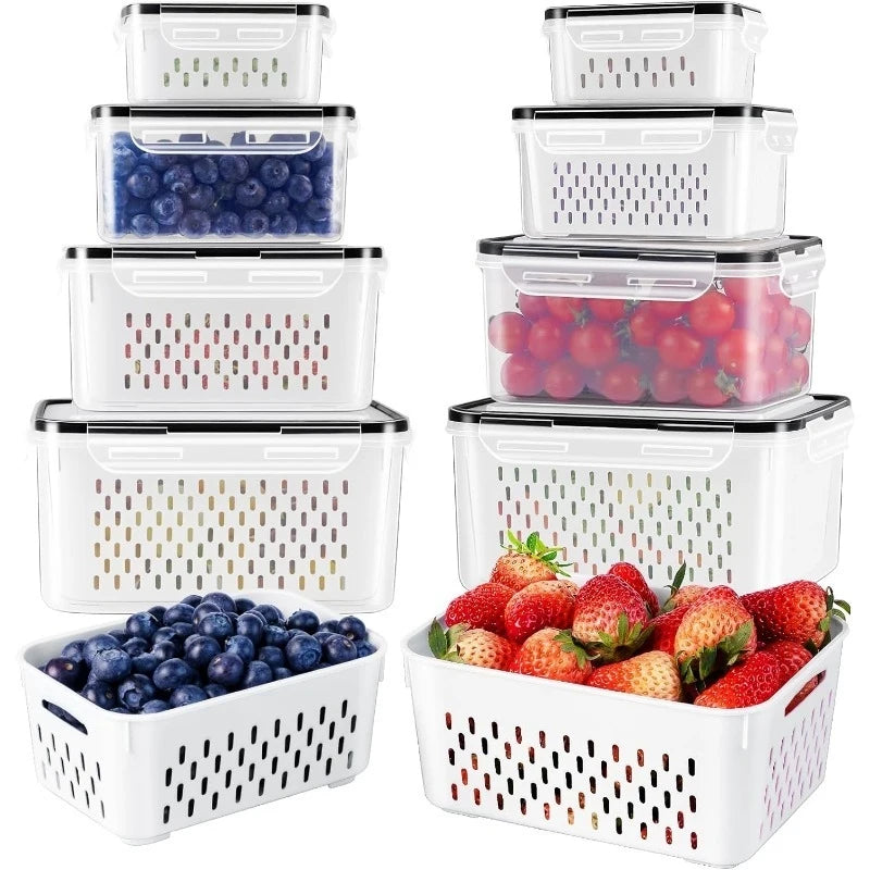 6-Piece Refrigerator Food Storage Container Set with Drain Basket – Sealed Fruit & Vegetable Boxes