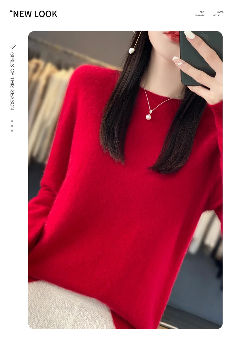 New Cashmere Sweater for Women in Autumn and Winter 100% Merino Wool Fashion O-neck Warm Pullover Top