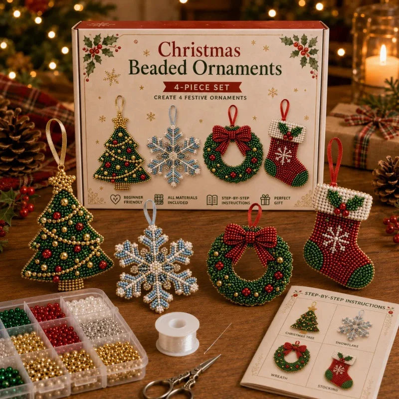 3D Beaded Christmas Tree Snowflake DIY Kit, 4PCs Handmade Craft DIY Beaded Christmas Tree Hanging Pendant New Year Gift