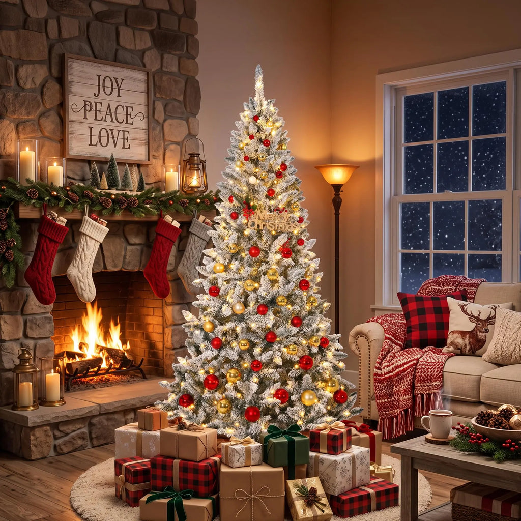 6Ft/7.5Ft Pre-Lit Flocked Christmas Tree, 200/400 Warm White Lights, 508/900 Tips, Snowy Artificial Tree With Metal Stand