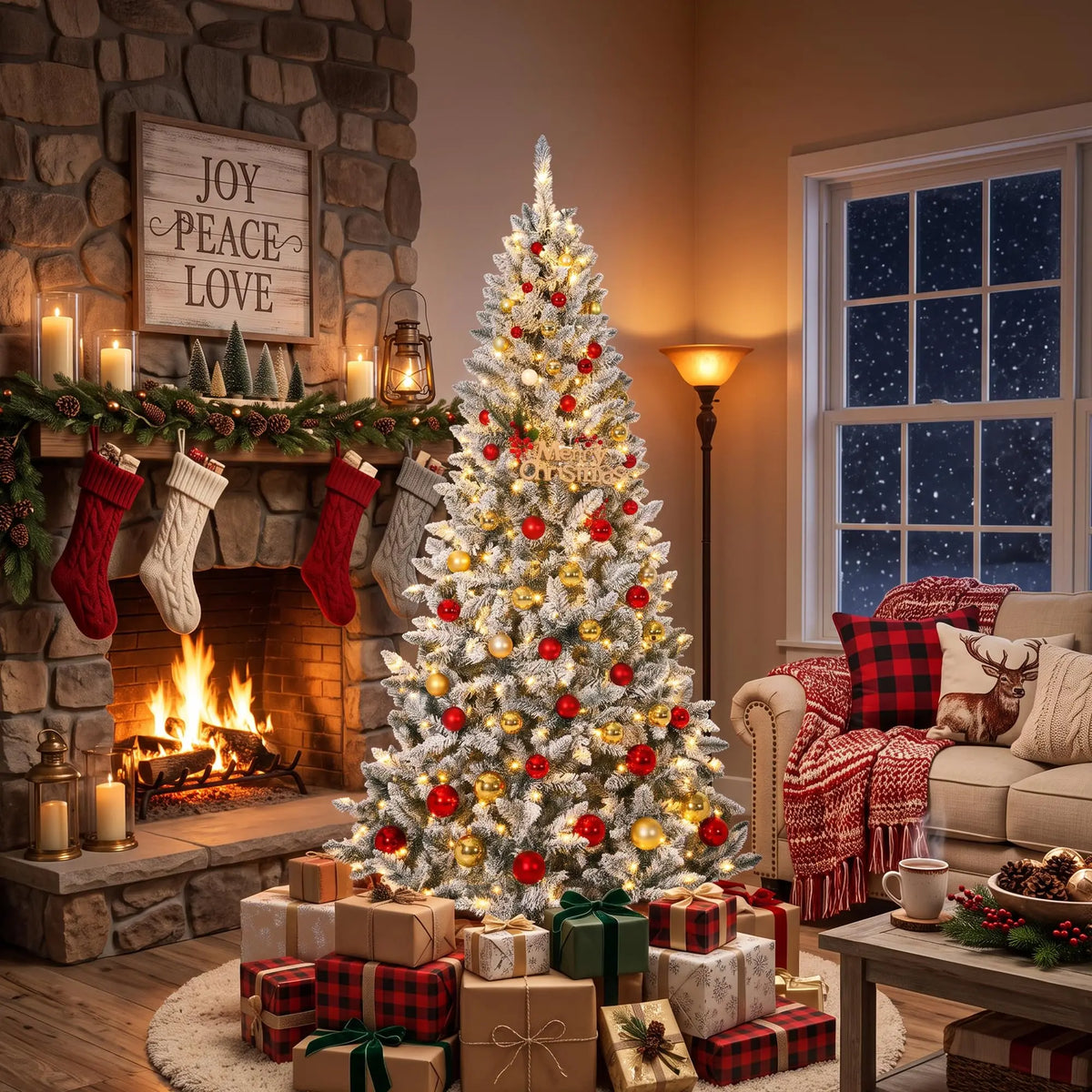 6Ft/7.5Ft Pre-Lit Flocked Christmas Tree, 200/400 Warm White Lights, 508/900 Tips, Snowy Artificial Tree With Metal Stand