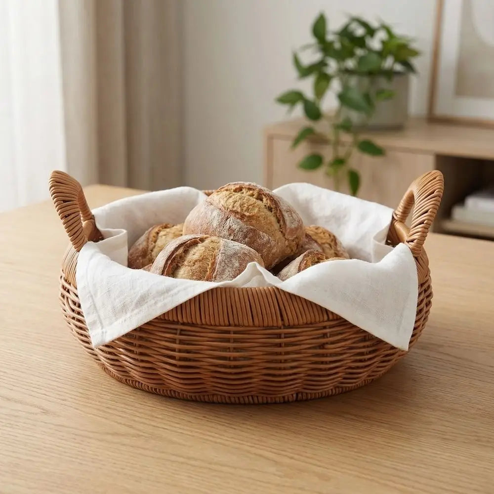 Large Capacity Imitation Rattan Storage Basket Plastic Handmade Round Rattan Storage Tray Decorative with Handle