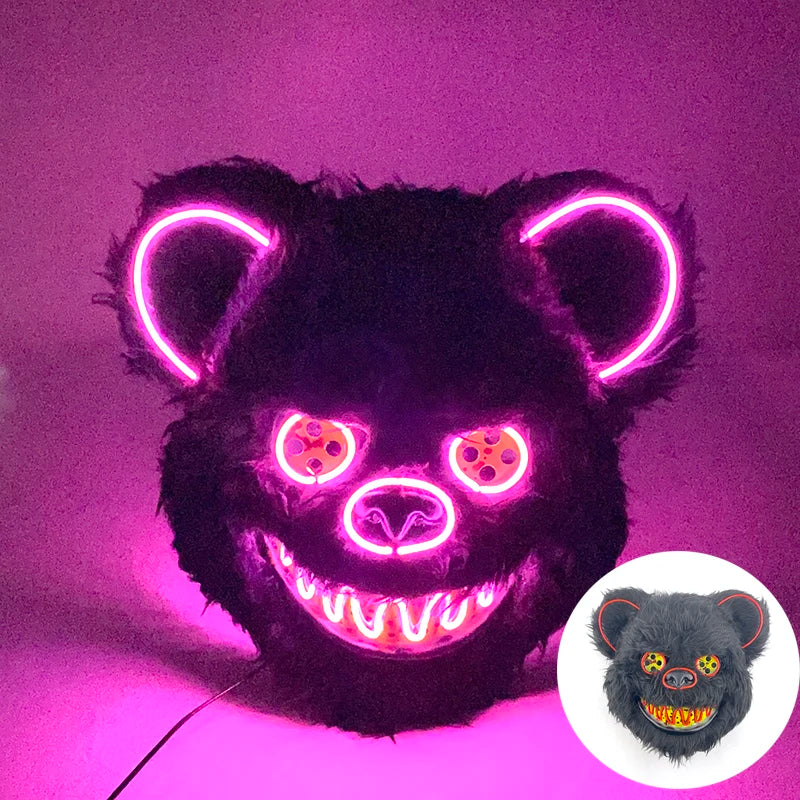 Halloween Horror Light Up Mask Glowing Bloody Bear Killer Mask Flashing Neon Scary Bear Mask for Cosplay Mask Purim Props