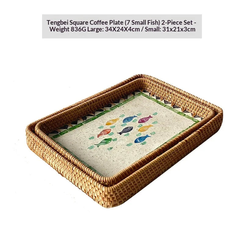 Natural Handwoven Rattan Shell Tray for Home Kitchen Decorative Storage Serving