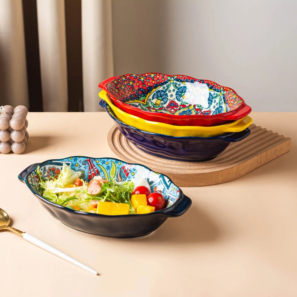 New Bohemian Egg-shaped Ceramic Baking Pan Pasta Plate Fruit Salad Plate Colorful Combination Set 9 inch