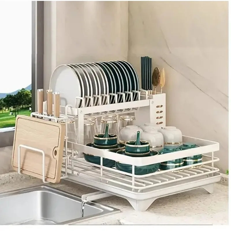 2-Tier Extendable Stainless Steel Dish Drying Rack with Drainboard – Large Capacity Kitchen Organizer