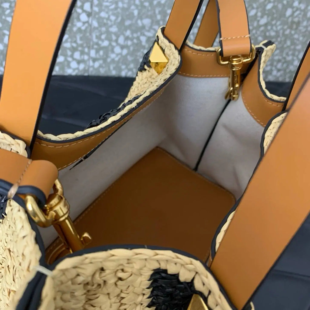 Elegant Two-tone Wave Pattern Lafite Grass Tote Handbag for Women Large Capacity Shopping Bag Handheld Or Shoulder Carry
