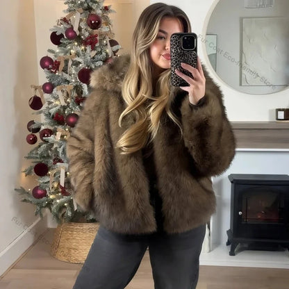 Womens Faux Fur Coat Cropped Soft Plush Artificial Short Fur Coat Holiday Party Elegant Winter Fashion Outerwear Coats for Women