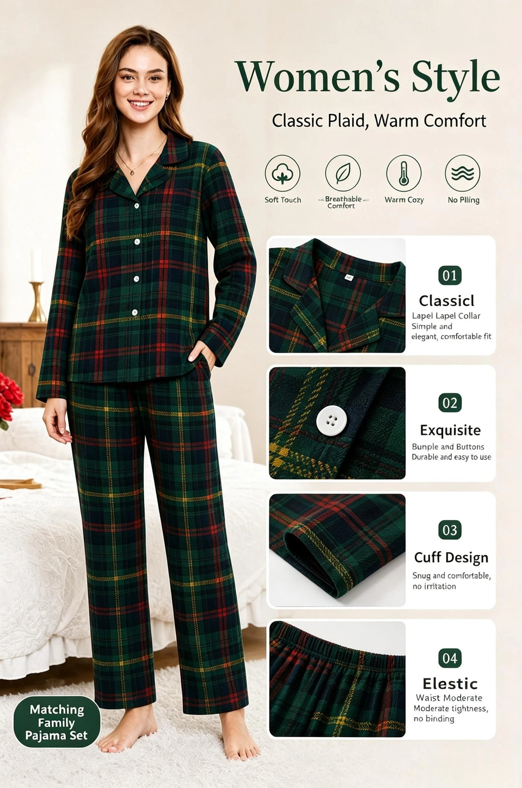 Xmas Party Look Wear Family Matching Pajamas Set Green Plaid Button Shirt+Long Pants Parent-child Sleepwear Christmas Pyjamas