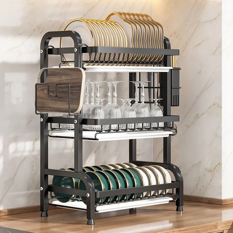 2-3 Tier Steel Dish Drying Rack with Drainage System – Kitchen Storage Organizer for Plates & Utensils