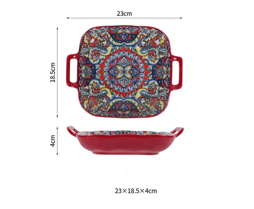Bohemian Double Ear Square Ceramic Plate Creative Household Dish Plate Net Red Fruit Spaghetti Plate Oven Microwave Oven-9inch