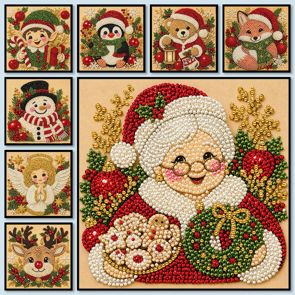 Christmas Pearl Painting DIY Kit with Frame 20x20cm Self-Adhesive Canvas 3D Bead Art Craft Adults