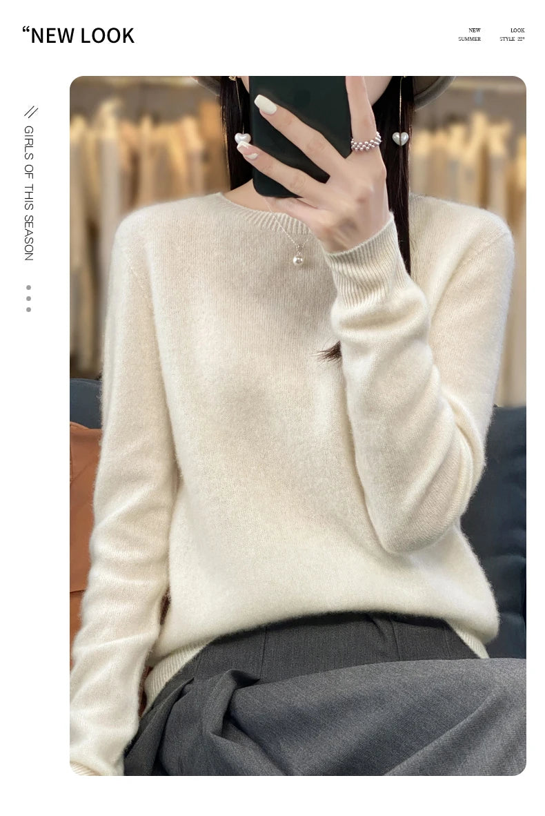 New Cashmere Sweater for Women in Autumn and Winter 100% Merino Wool Fashion O-neck Warm Pullover Top