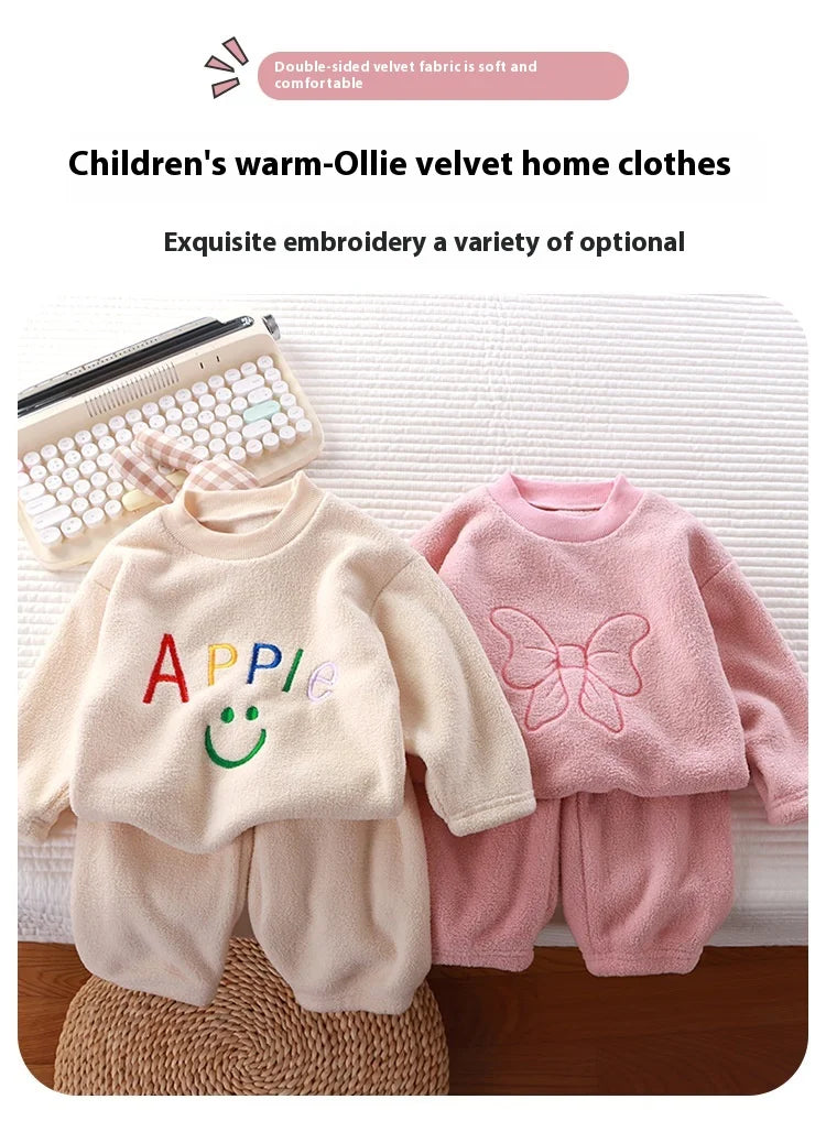 2Pcs/set children's winter warm pajamas padded thickened round neck long sleeve long pants boys girls home clothing winter pajam
