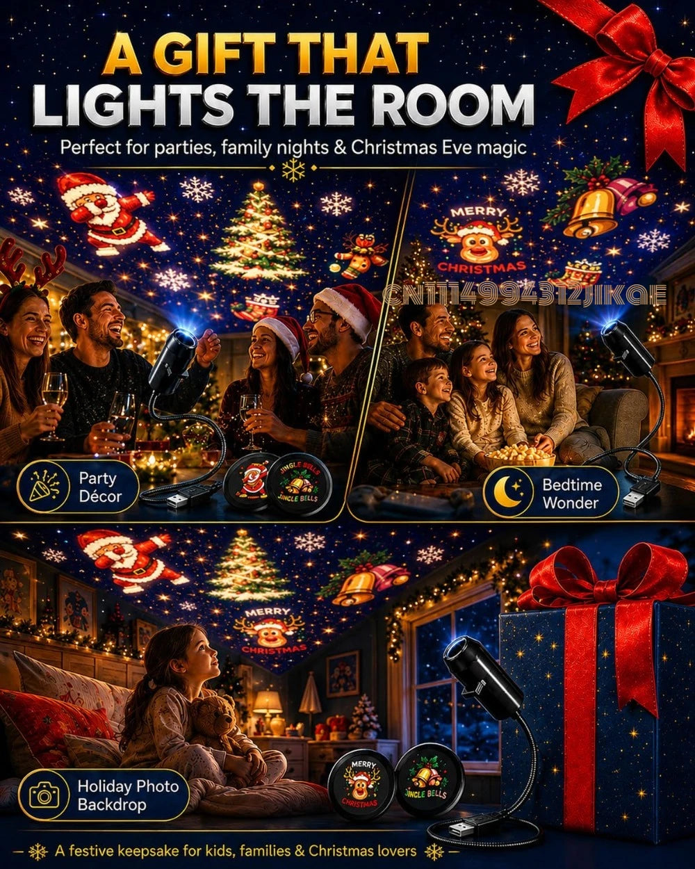 Plug-&-Play HD Christmas Projector - with 360° Rotating, 5D Holographic Night Light Projector for Room Decor Party Xmas Gifts