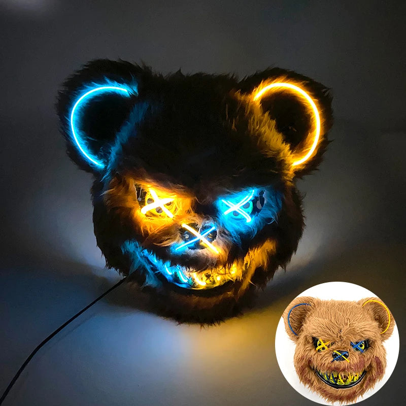 Halloween Horror Light Up Mask Glowing Bloody Bear Killer Mask Flashing Neon Scary Bear Mask for Cosplay Mask Purim Props