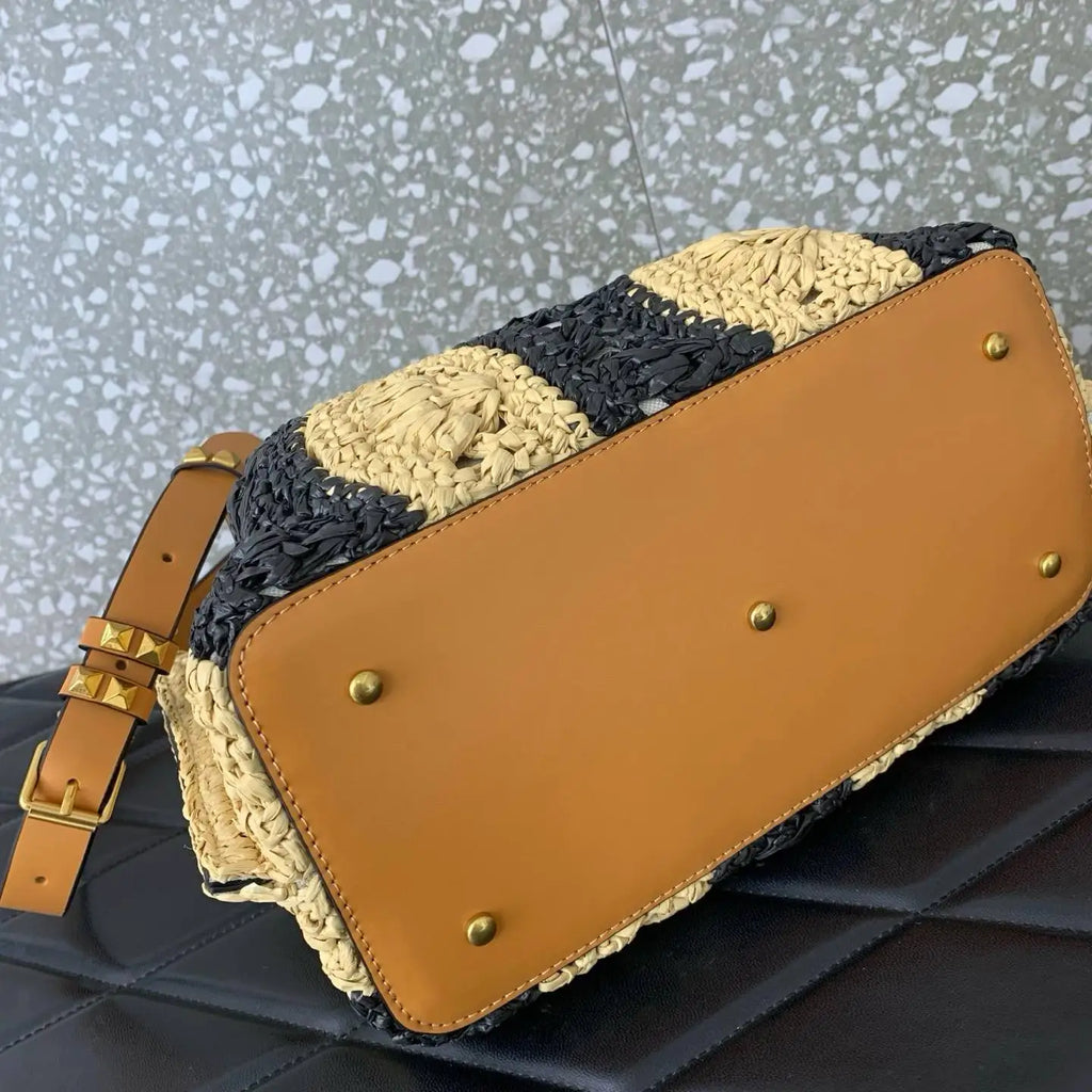 Elegant Two-tone Wave Pattern Lafite Grass Tote Handbag for Women Large Capacity Shopping Bag Handheld Or Shoulder Carry