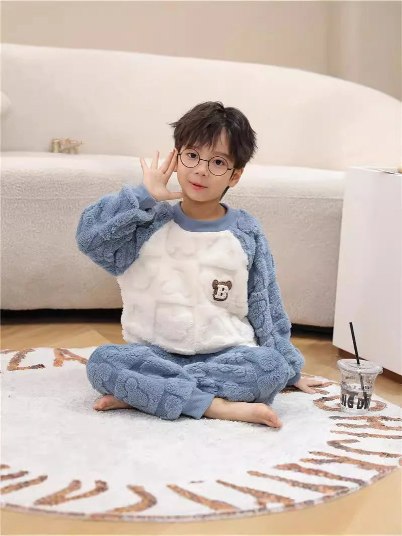Kids Pajamas for Boys 1 2 3 4 5 6 7 8 9 10 11 12 Years Flannel Sleepwear Set Bear Pyjamas Blue Children Pijamas Clothing