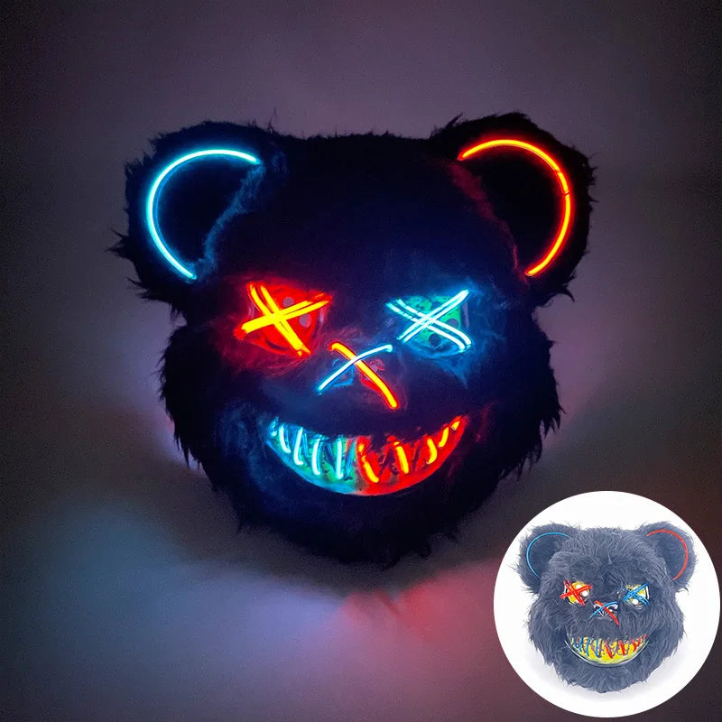 Halloween Horror Light Up Mask Glowing Bloody Bear Killer Mask Flashing Neon Scary Bear Mask for Cosplay Mask Purim Props