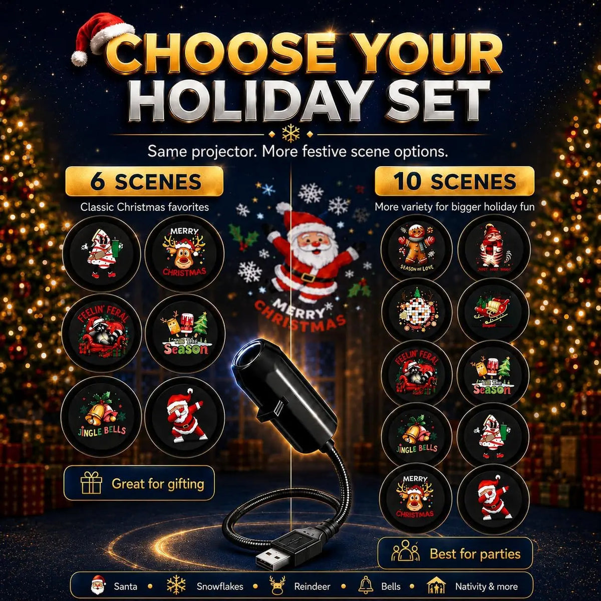 Plug and Play Hd Christmas Projector with 6/10 Festive Scenes,Hd Christmas Scene Projector, 5d Holographic Night Light Projector