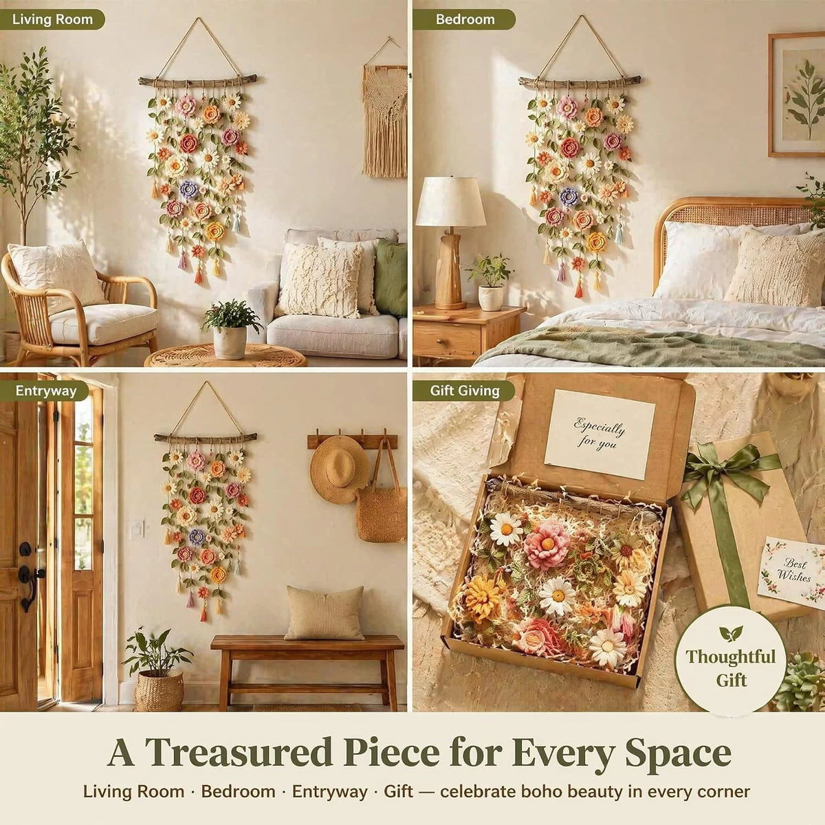 Boho Handmade Cotton Floral Crochet Macrame Hanging Decoration for Wall Indoors Or Porch Natural Linen Look Mellow Ambiance