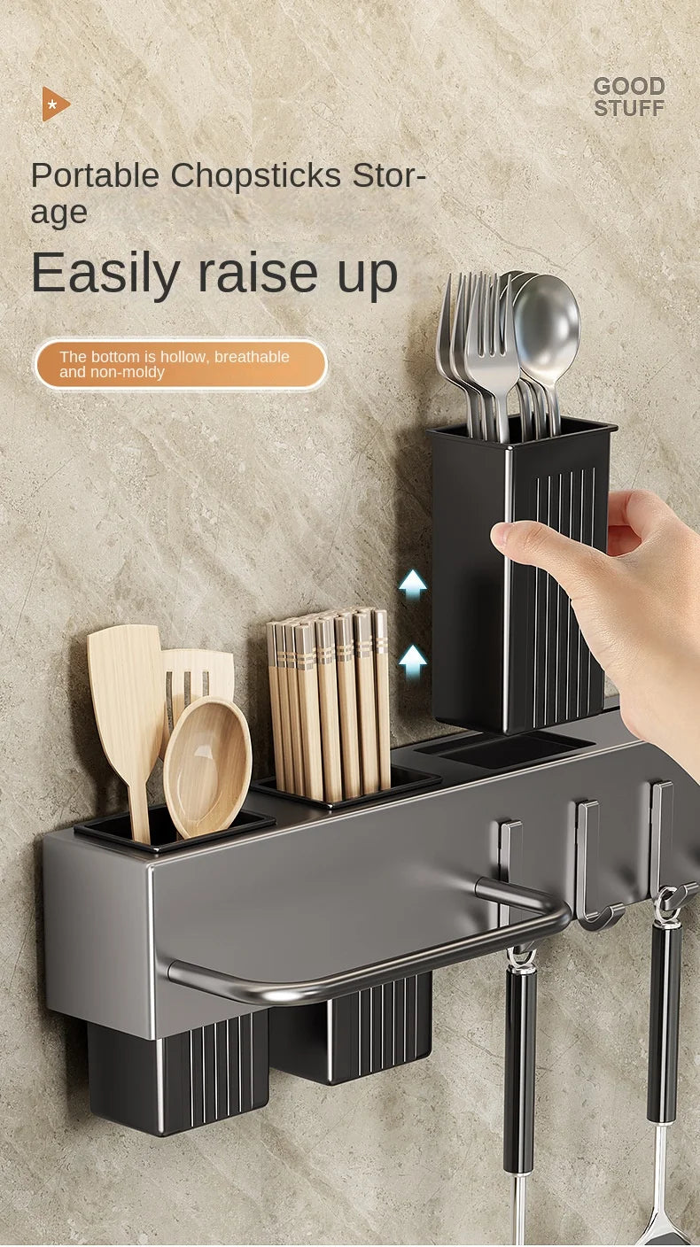 Wall-Mounted Kitchen Storage Rack – Steel Organizer for Knives, Chopsticks & Utensils