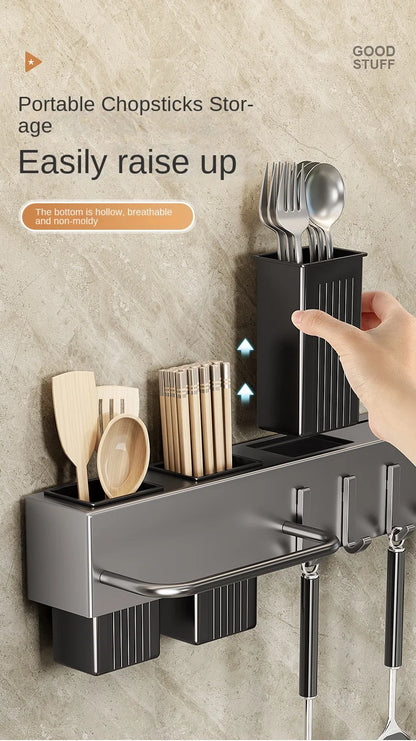 Wall-Mounted Kitchen Storage Rack – Steel Organizer for Knives, Chopsticks & Utensils