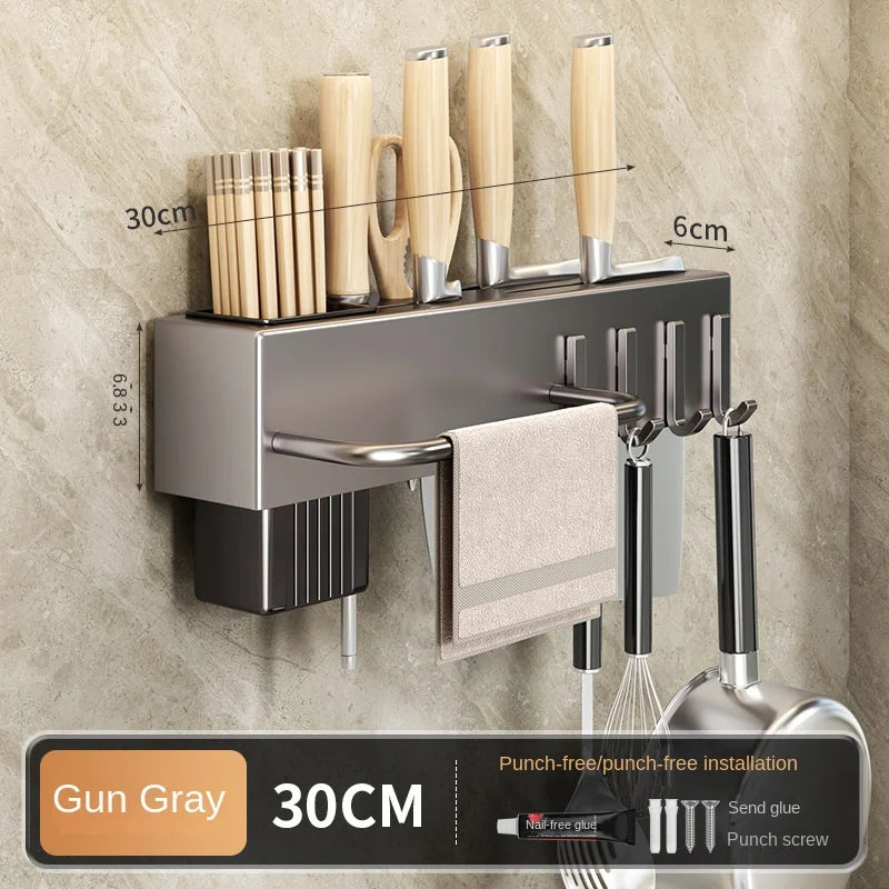 Wall-Mounted Kitchen Storage Rack – Steel Organizer for Knives, Chopsticks & Utensils