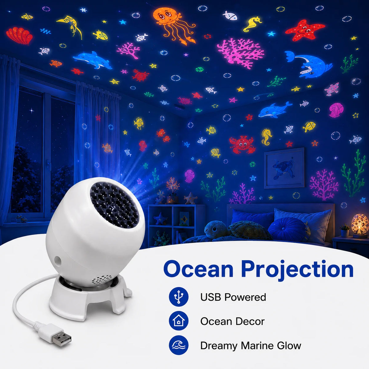 360°Rotating LED Starry Sky Ocean Projection Night Light Dynamic Projector USB Plug Bedroom Living Room Ceili Lamp Birthday Gift