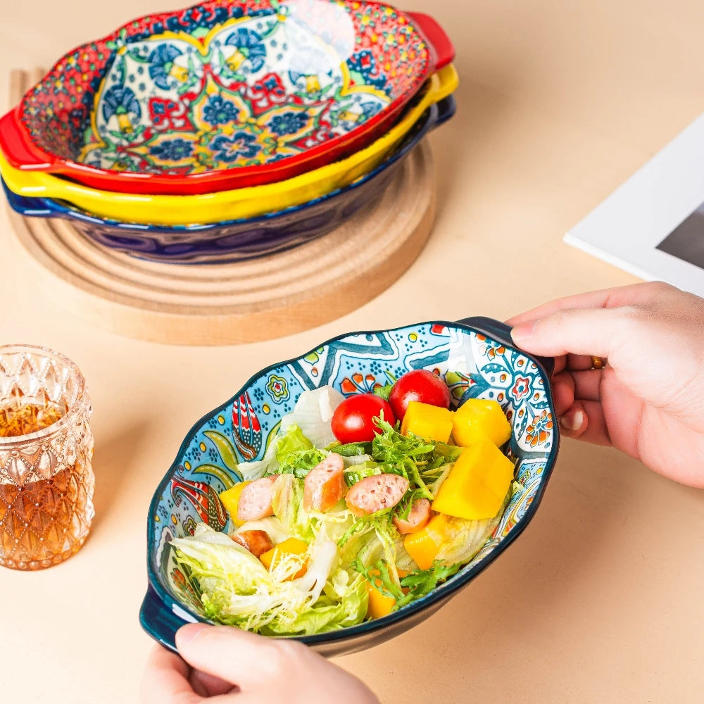 New Bohemian Egg-shaped Ceramic Baking Pan Pasta Plate Fruit Salad Plate Colorful Combination Set 9 inch
