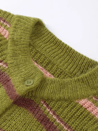 Casual Striped Women's Cardigan 2026 Autumn Loose Contrast Single Breasted O-neck Long Sleeve Knitted Female Fashion Sweater