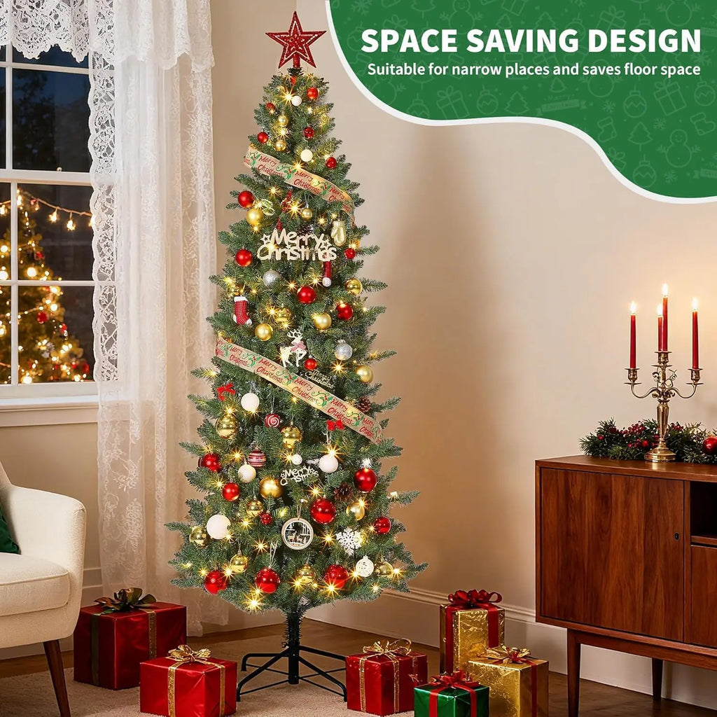 Tacleekii 4.5FT -9 FT Artificial Christmas Tree with Lights 9 Adjustment Modes Prelit Pencil Tree for Home Office Decor Skinny Space-Saving Holiday Xmas Tree with Warm LEDs, Easy Assembly