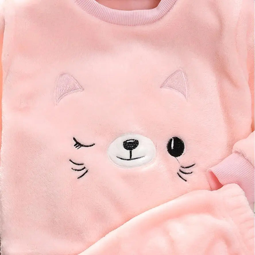 Baby Girl Clothing Set Plush Flannel Cartoon Pullover Sweater+Pant Autumn Winter Kids 2Pcs Outfit Boys Tracksuit Casual Suit