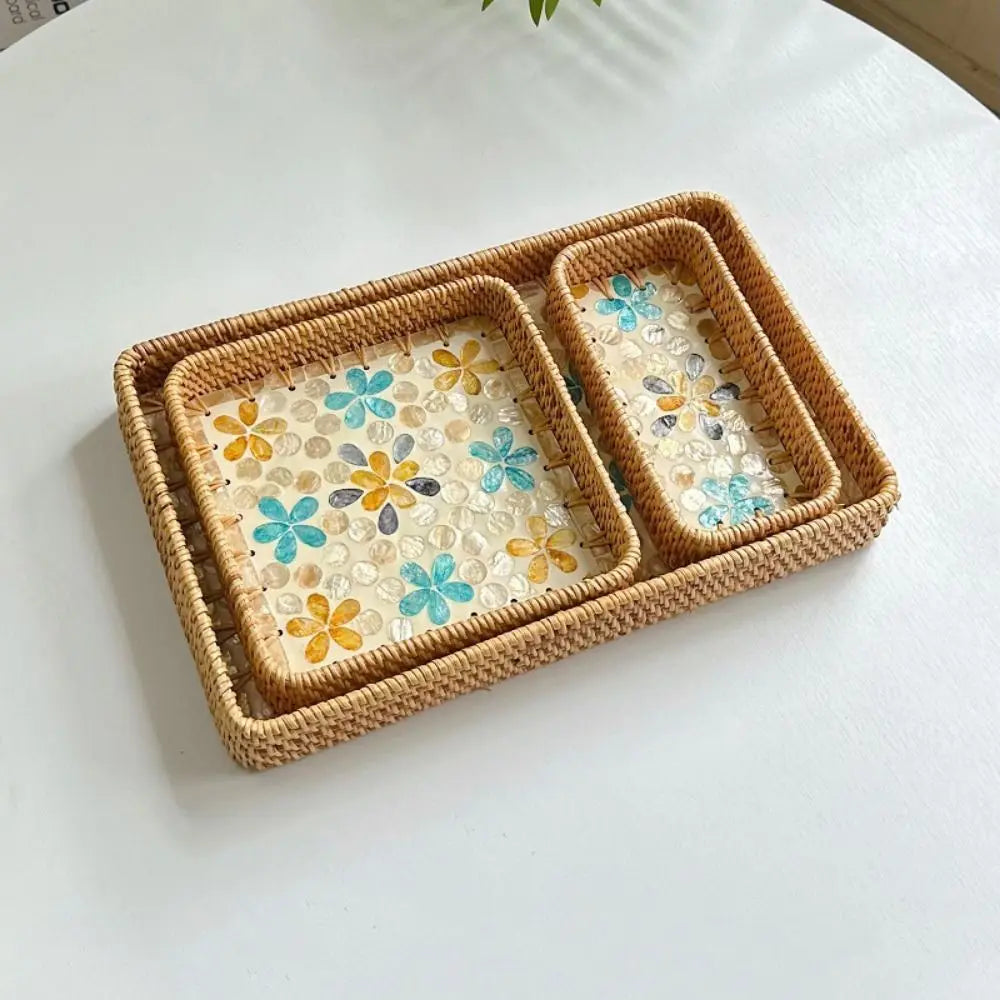 Hand Woven Splicing Shell Rattan Basket Rattan Weaving Colorful Weaving Fruit Basket Household Decorative Rattan Shell Tray