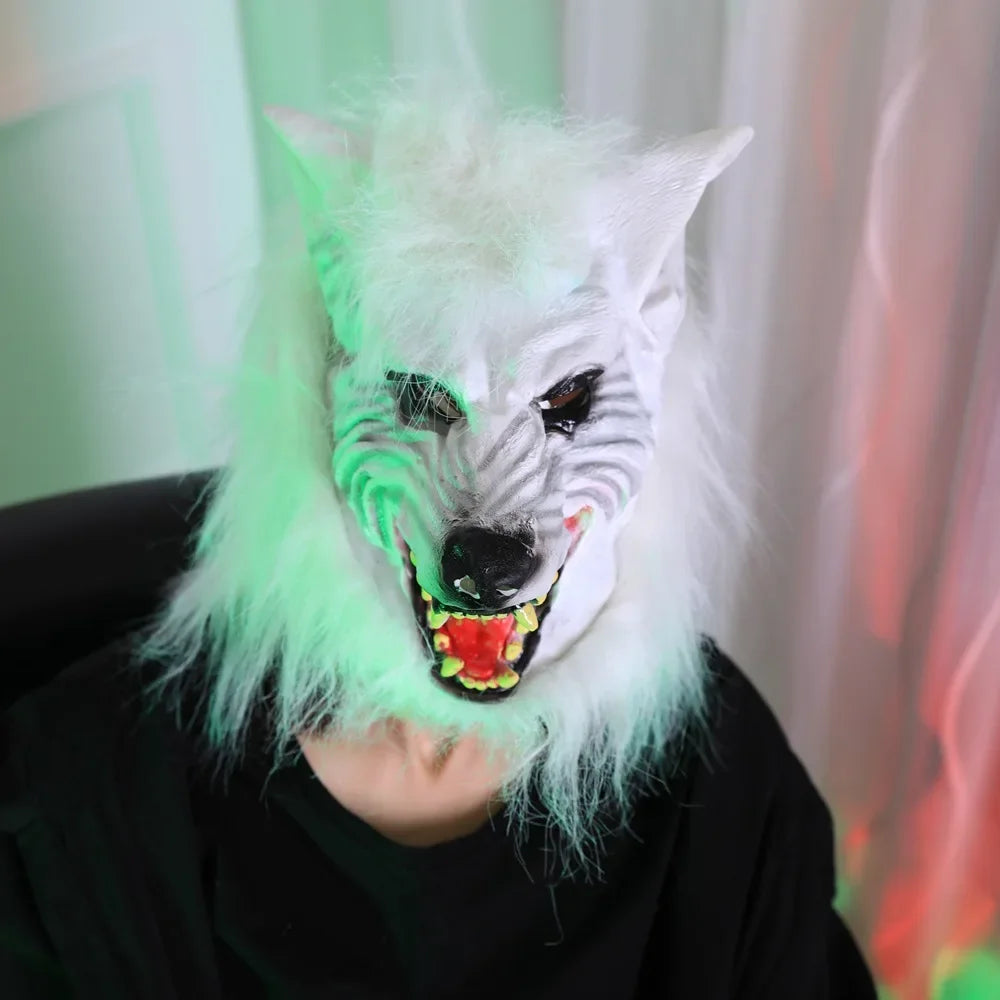 White Wolf PVC Mask with Fluffy Fur Scary Werewolf Head Mask Halloween Cosplay Costume Party Props Horror Animal Mask for Adul