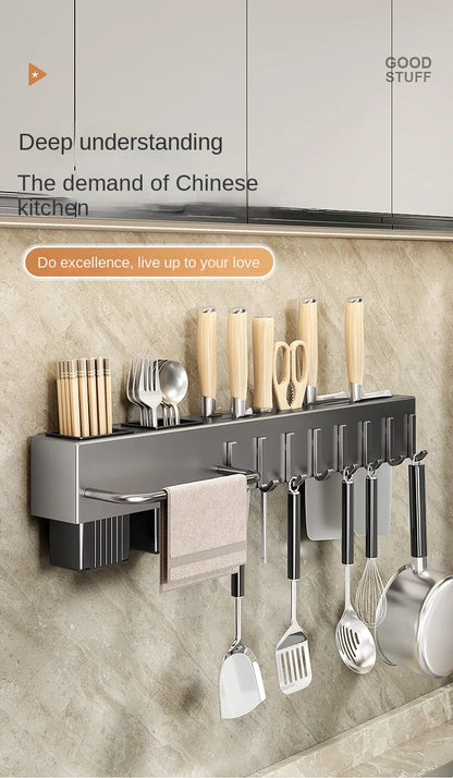 Wall-Mounted Kitchen Storage Rack – Steel Organizer for Knives, Chopsticks & Utensils