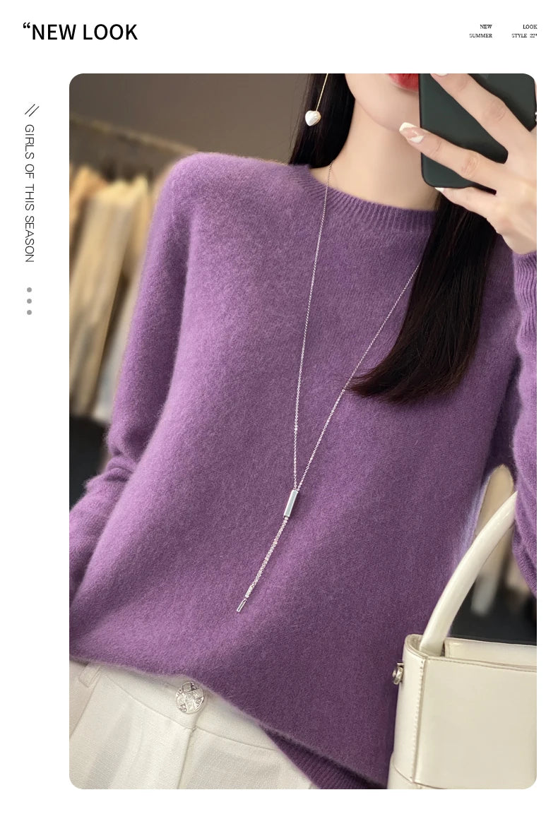 New Cashmere Sweater for Women in Autumn and Winter 100% Merino Wool Fashion O-neck Warm Pullover Top