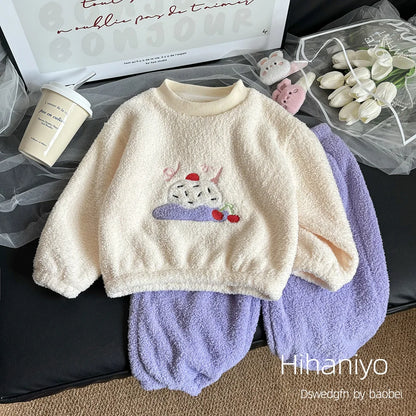 Children's Sets Girls Winter Pajama Set Cute Cartoon Print Thick Warm Toddler Fleece-Lined Sleepwear Kids Home Clothes