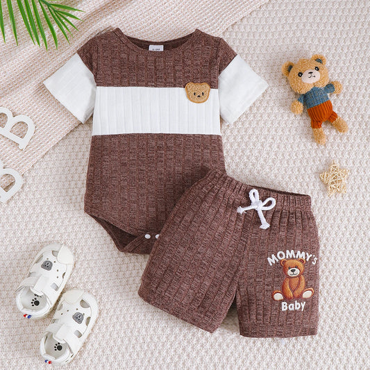 Newborn Baby Boy Set Cartoon Cute Little Bear Jumpsuit and Shorts 2-Piece Set for Cute Baby Boys Aged 0-18 Months in Summer