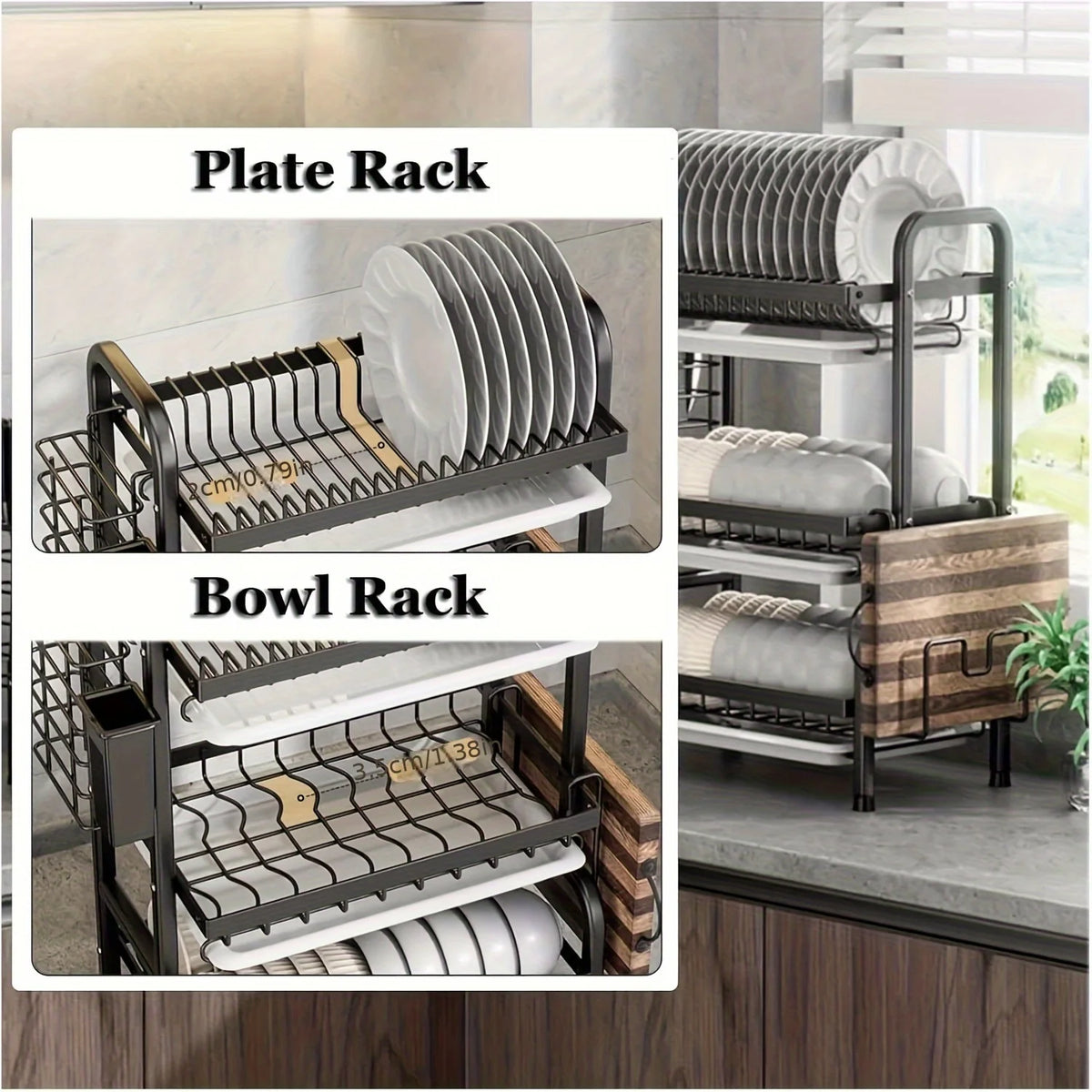 2-3 Tier Steel Dish Drying Rack with Drainage System – Kitchen Storage Organizer for Plates & Utensils