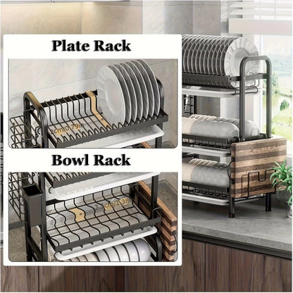 2-3 Tier Steel Dish Drying Rack with Drainage System – Kitchen Storage Organizer for Plates & Utensils