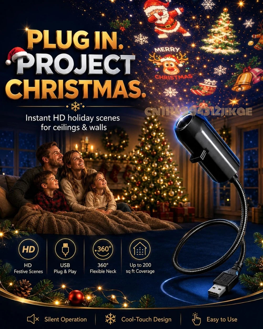 Plug-&-Play HD Christmas Projector - with 360° Rotating, 5D Holographic Night Light Projector for Room Decor Party Xmas Gifts