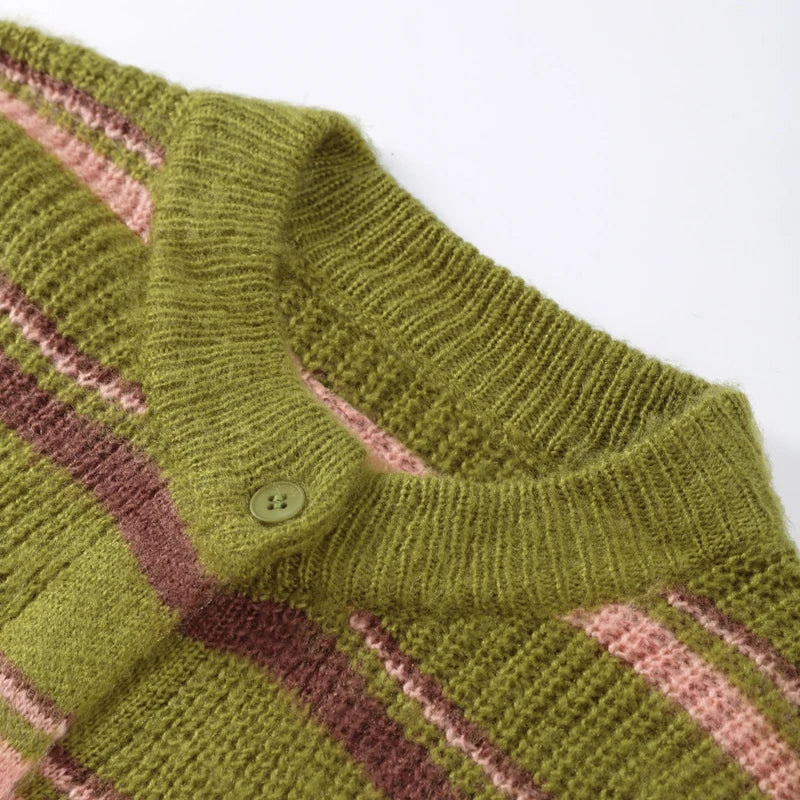 Casual Striped Women's Cardigan 2026 Autumn Loose Contrast Single Breasted O-neck Long Sleeve Knitted Female Fashion Sweater