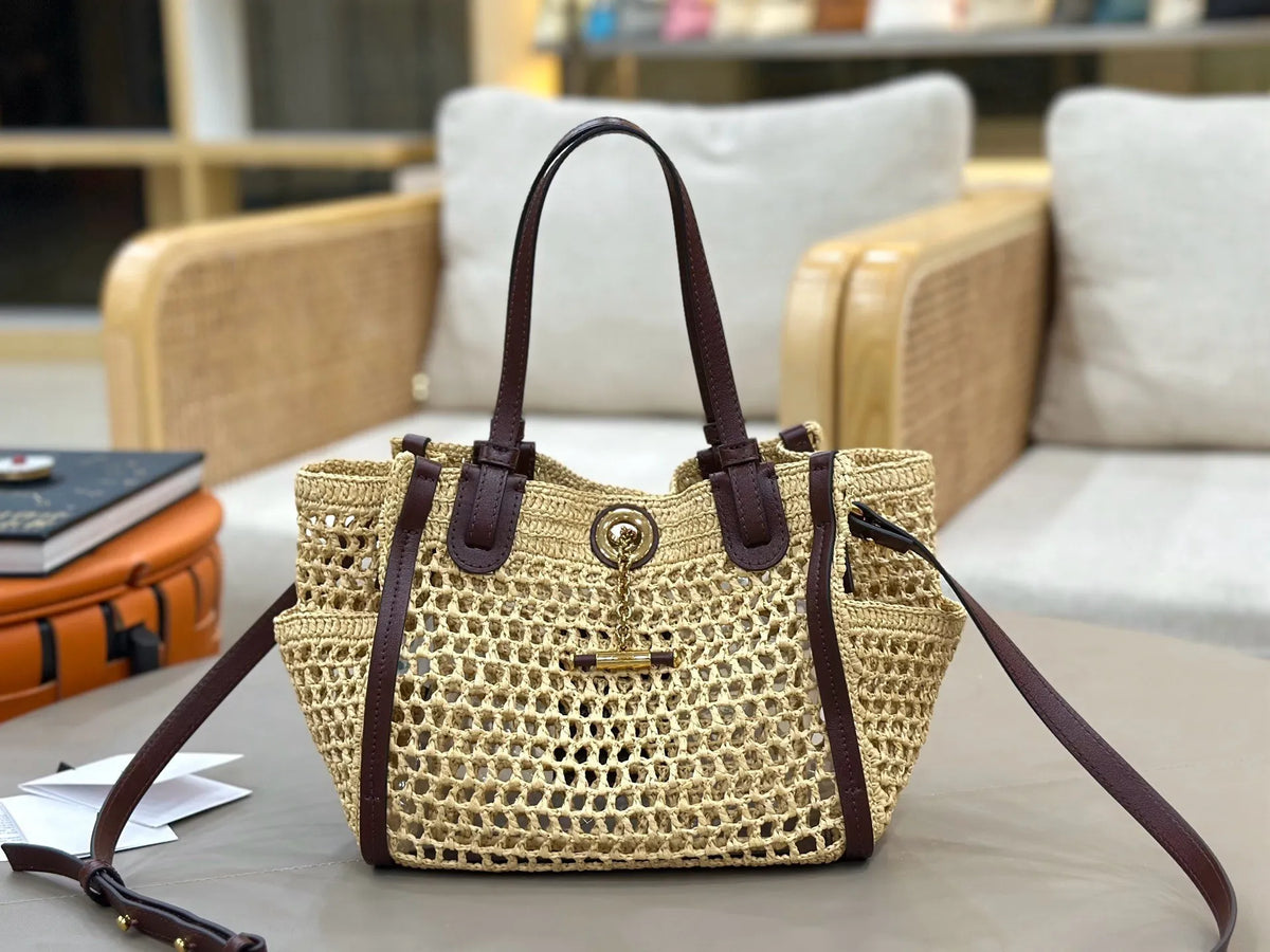Summer 2026 Large Tote Straw Woven Handbag with Leather Accessories Single Shoulder Hollow Weaving Vacation Style Bag