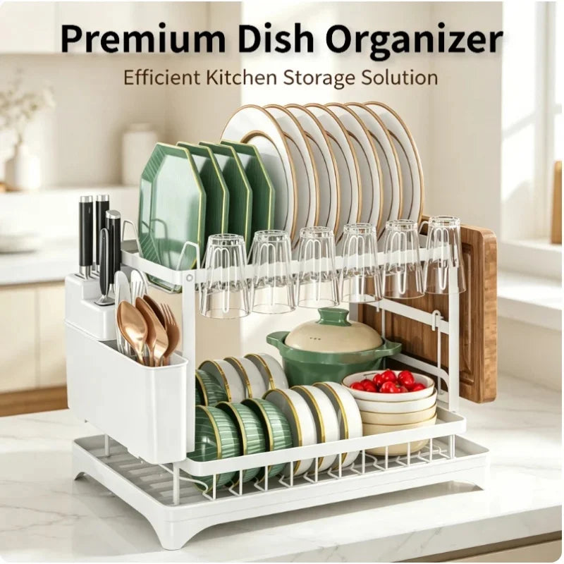 2-Tier Stainless Steel Dish Drying Rack with Drainboard – Rustproof Kitchen Counter Organizer