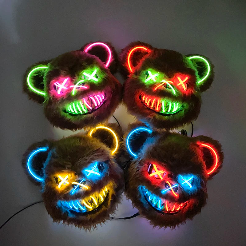 Halloween Horror Light Up Mask Glowing Bloody Bear Killer Mask Flashing Neon Scary Bear Mask for Cosplay Mask Purim Props