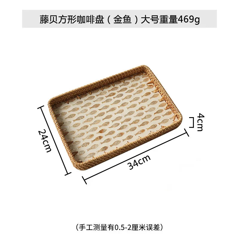 Natural Handwoven Rattan Shell Tray for Home Kitchen Decorative Storage Serving